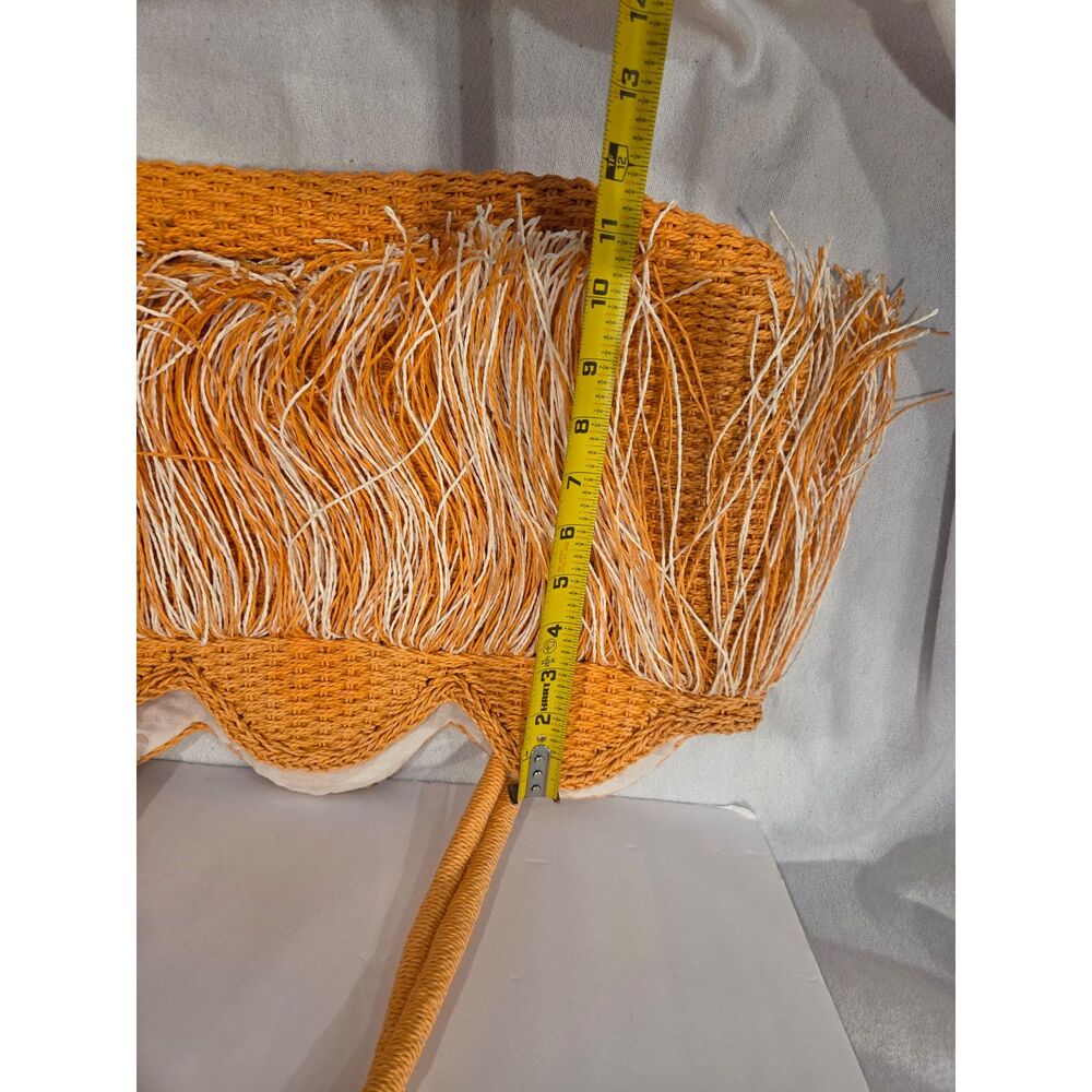 Orange Straw Fringe Tote Bag Scalloped Boho Beach Resortwear - Picture 5 of 7